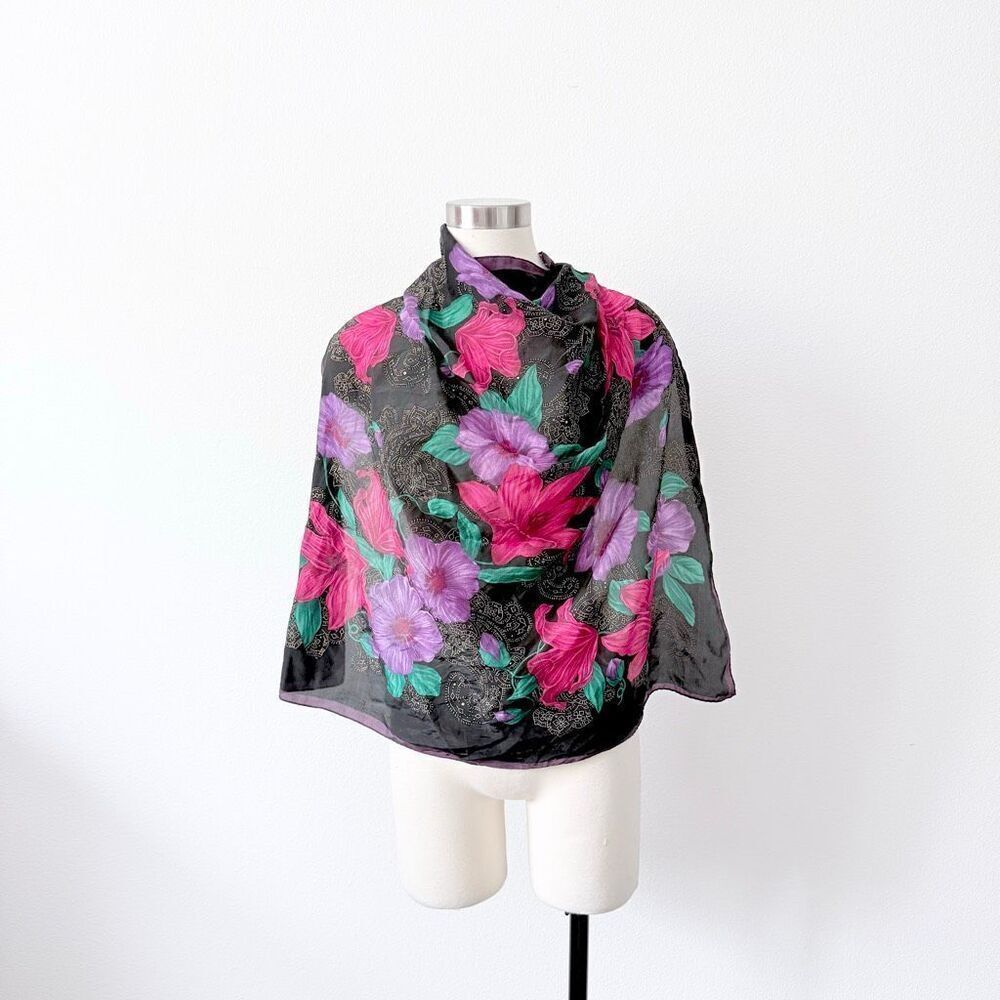 Vintage VTG The Specialty House Black Floral  Square Scarf Silk Mandala